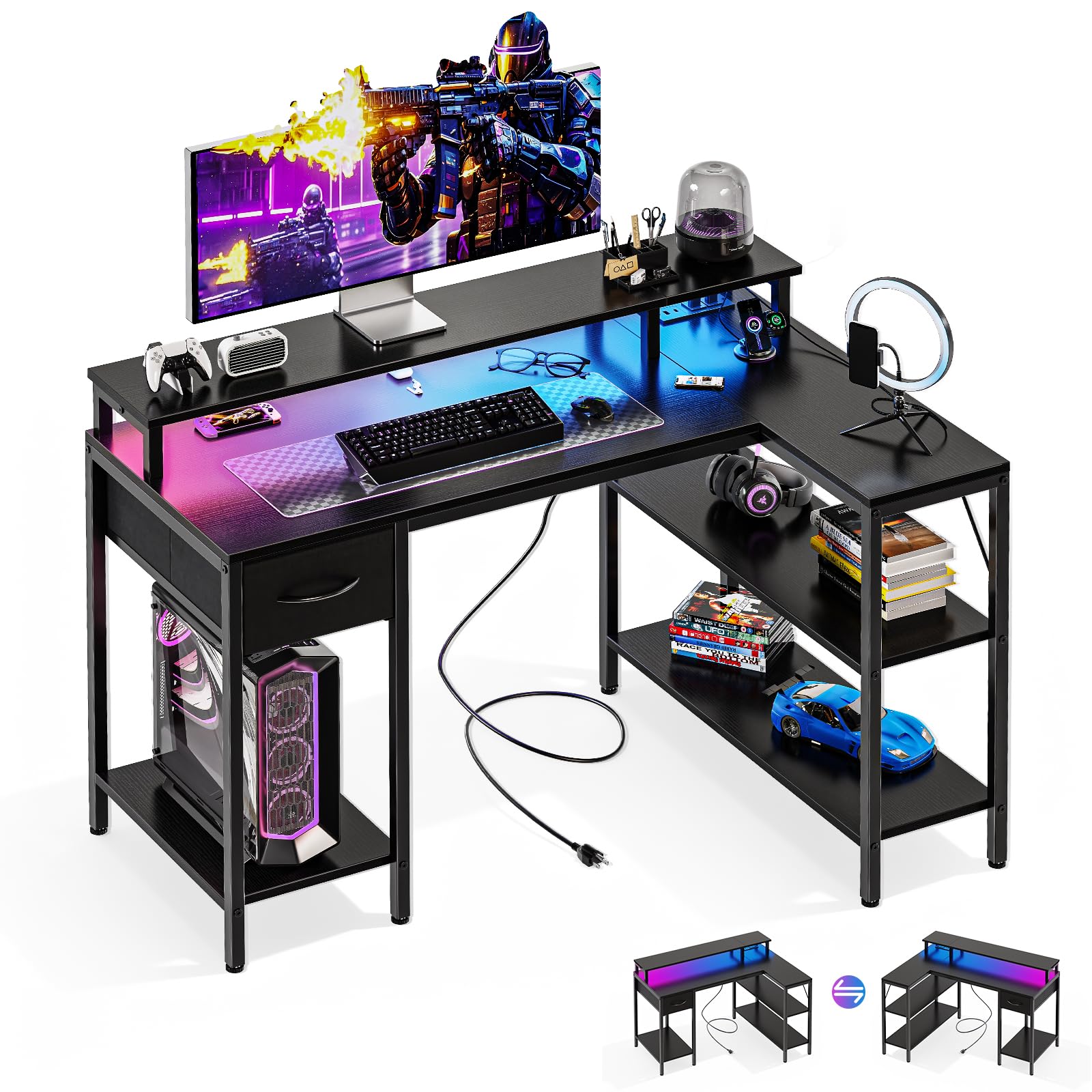 Amazon.com: DUMOS 47” Gaming Desk with USB Charging Ports & LED